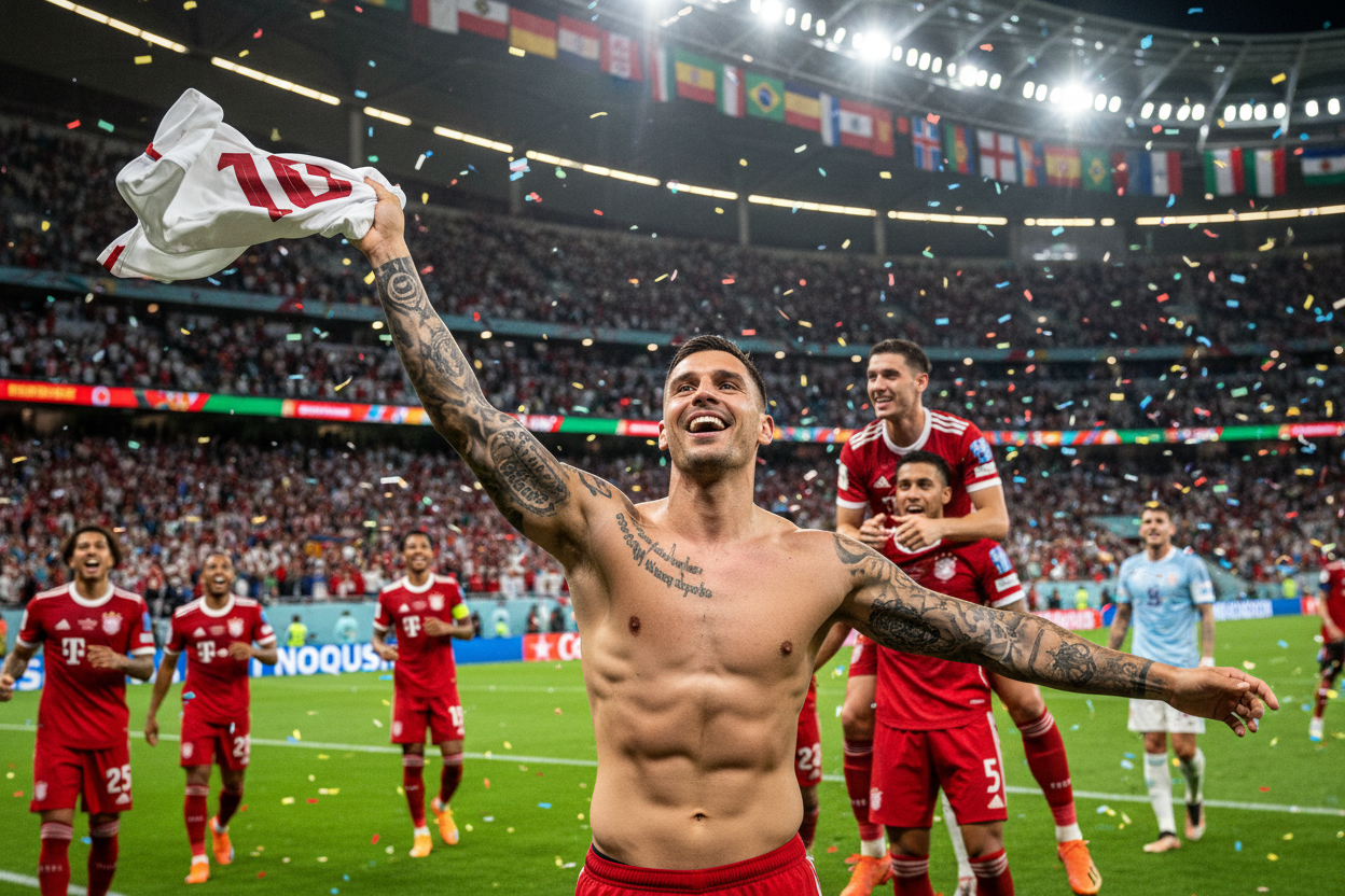 mit ganz vielen fahnen von verschiedenen nationen und der spieler soll mit seinen mitspielern jubeln und hat das trikot was er aausgezogen hat inder rechten hand und schwängt es zudem soll er übliche tattoos haben